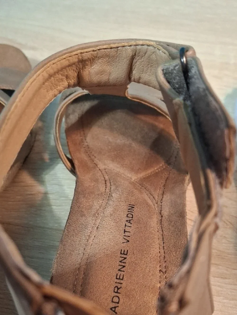 Adrienne Vittadini TRIVIA Tan T‑Strap Espadrille Wedge Sandals